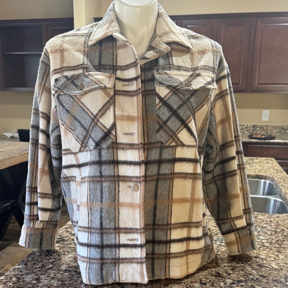 Zara Plaid Button-Up Hoodie - Cream, Brown, Gray